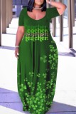 グリーン カジュアル プリント ベーシック Vネック 半袖 ドレス ドレス