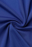 Blue Sexy Solid Patchwork Slit Fold Asymmetrical V Neck One Step Skirt Dresses