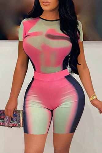 Pink Casual Print Basic O Neck Short Sleeve Two Pieces