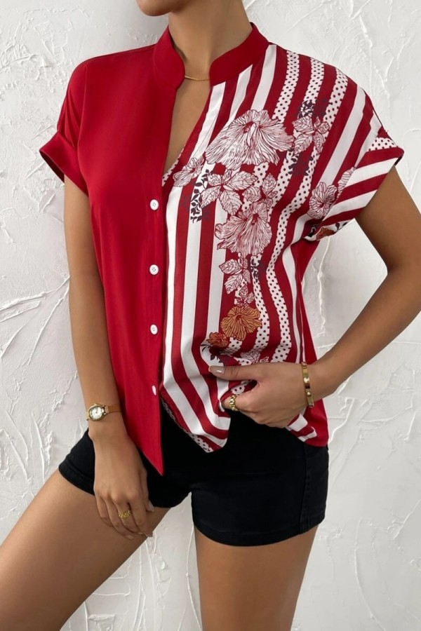 Blusas vermelhas com estampa casual patchwork decote em V