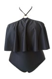 Черный сексуальный сплошной бандаж в стиле пэчворк с открытой спиной и лямкой на шее плюс размер купальники (с прокладками)