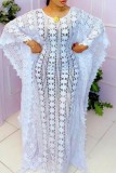 White Casual Solid See-through O Neck Long Dress Plus Size Dresses