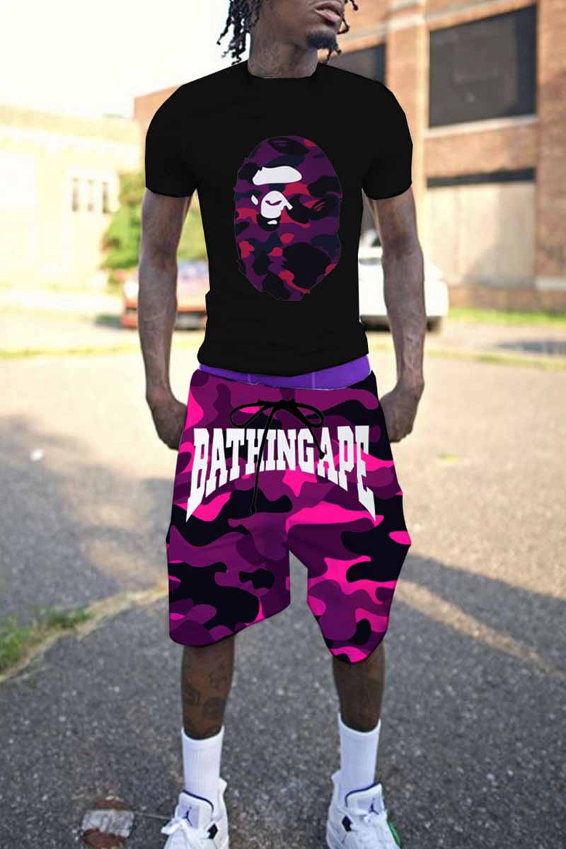 

Purple Street Print Letter O Neck Short Sleeve Two Pieces