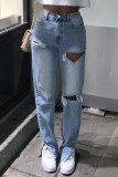 Голубые повседневные однотонные рваные джинсы в стиле пэчворк с высокой талией, обычные джинсы