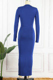 Синие сексуальные однотонные лоскутные платья с разрезом и асимметричным V-образным вырезом, одноступенчатые юбки