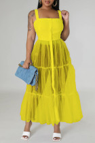 Yellow Casual Solid Patchwork Buckle Fold Spaghetti Strap Dresses