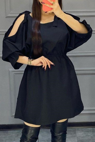 Black Casual Solid Hollowed Out O Neck Long Sleeve Dresses