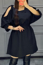 Черные повседневные однотонные платья с круглым вырезом и длинными рукавами