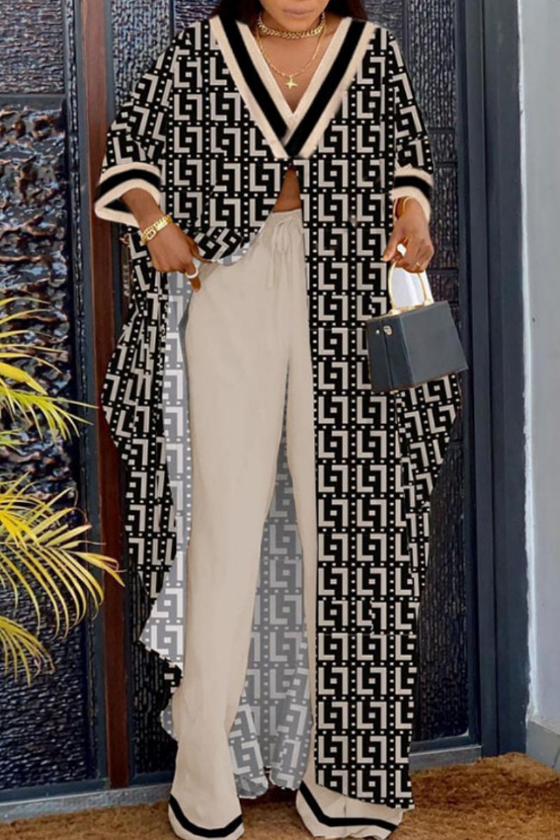 

Khaki Casual Print Patchwork V Neck Long Sleeve Two Pieces