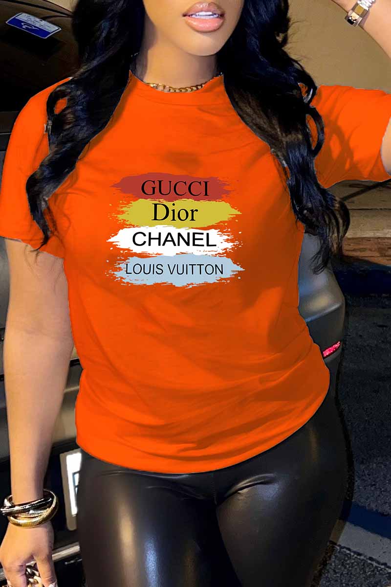 

Orange Casual Print Letter O Neck T-Shirts