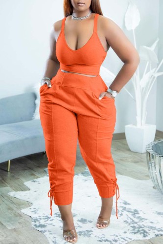 Orange Sexy Casual Solid Backless V Neck Sleeveless Two Pieces