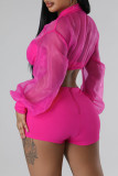 Rose Red Sexy Solid Patchwork Zipper Long Sleeve Two Pieces