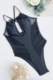 Черный сексуальный однотонный прозрачный купальник с открытой спиной (с прокладками)