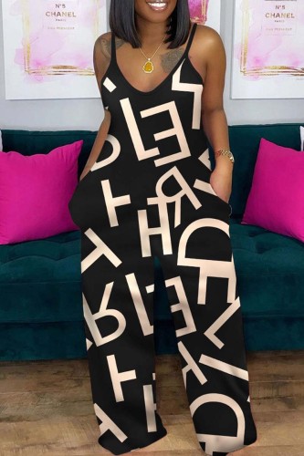 Black Apricot Sexy Casual Print Backless Spaghetti Strap Regular Jumpsuits