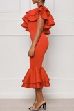 Red Sexy Formal Solid Patchwork Backless Oblique Collar Evening Dress Dresses