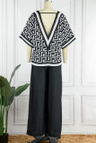 Black And White Casual Print Patchwork V Neck Three Quarter Two Pieces