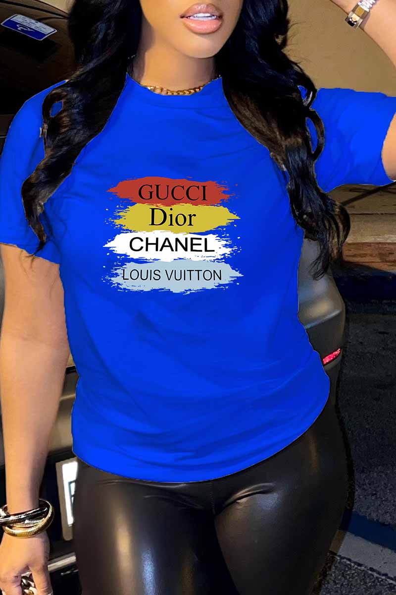 

Blue Casual Print Letter O Neck T-Shirts