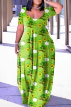 Fruit Green Sexy Casual Print Backless V-Ausschnitt Kurzarm Kleid Kleider