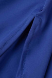 Blaue, sexy, solide Patchwork-Schlitzfalte, asymmetrischer V-Ausschnitt, One-Step-Rock-Kleider