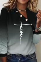 Black Casual Gradual Change Print Patchwork Oblique Collar Tops