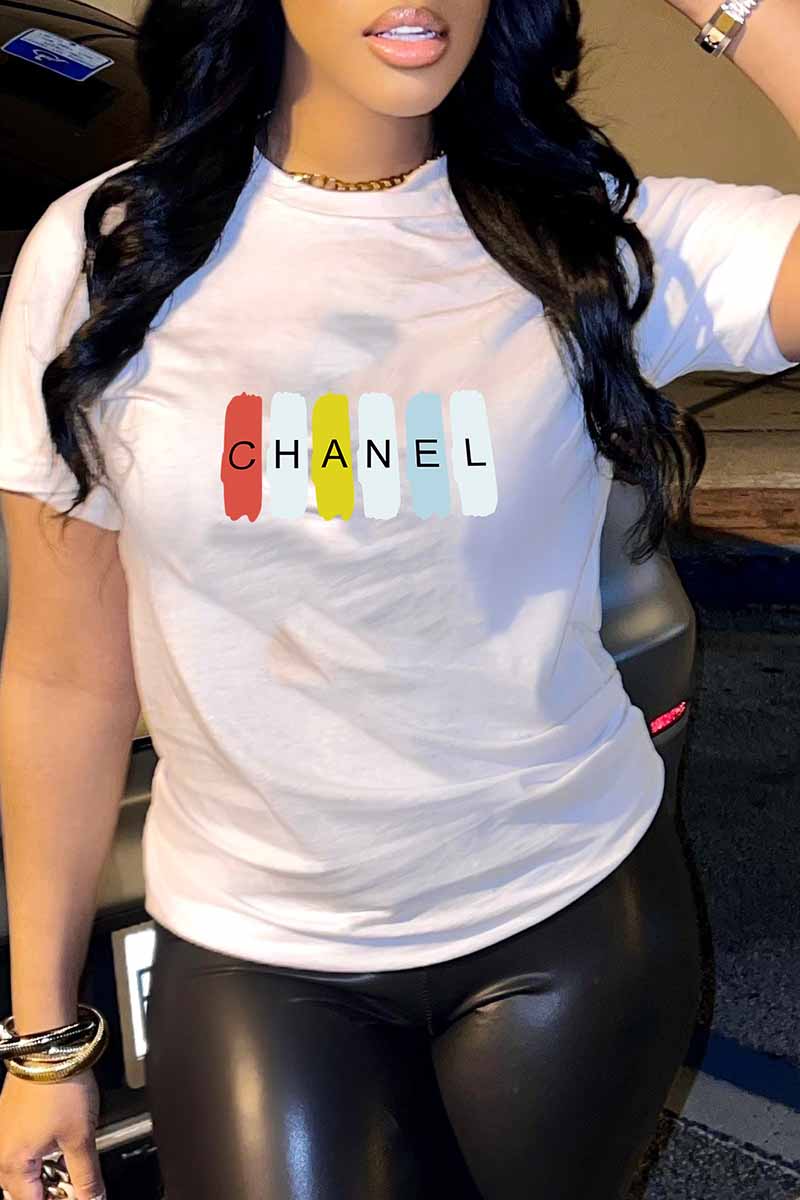 

White Casual Print Letter O Neck T-Shirts