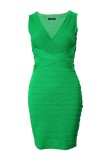 Vestido sin mangas con cuello en V de patchwork sólido sexy verde Vestidos
