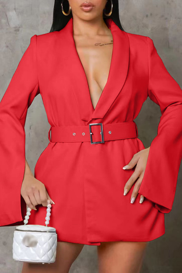 Röd Casual solid slits med bälte V-hals långärmade klänningar