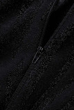 Robes de jupe crayon à col rond en soie brillante noire à imprimé sexy