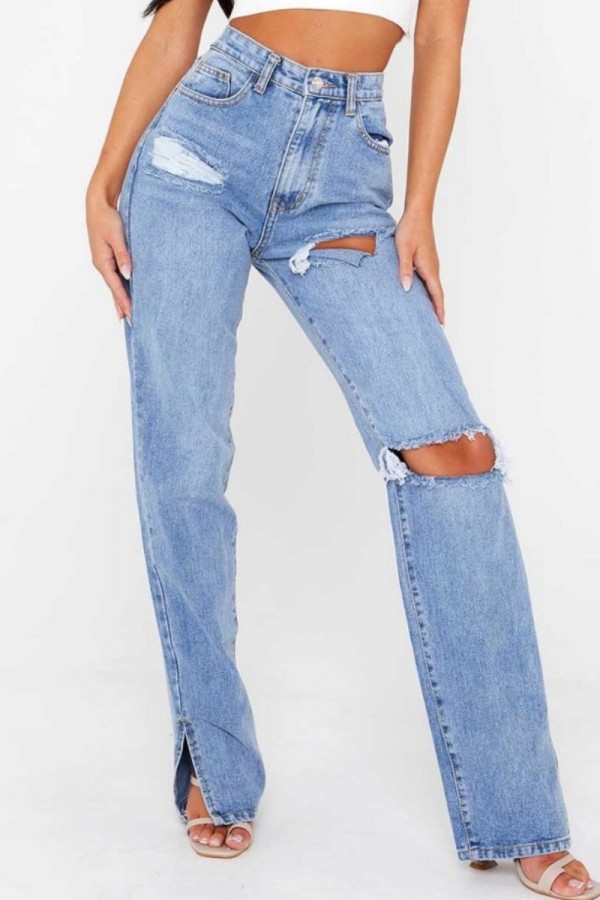 Jeans Jeans Denim Regular Azul Claro Casual Solid Ripped Patchwork cintura alta