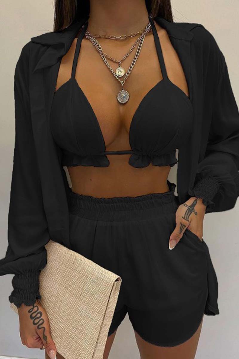 Ruffled Loose Casual Long Sleeve Three Piece Set