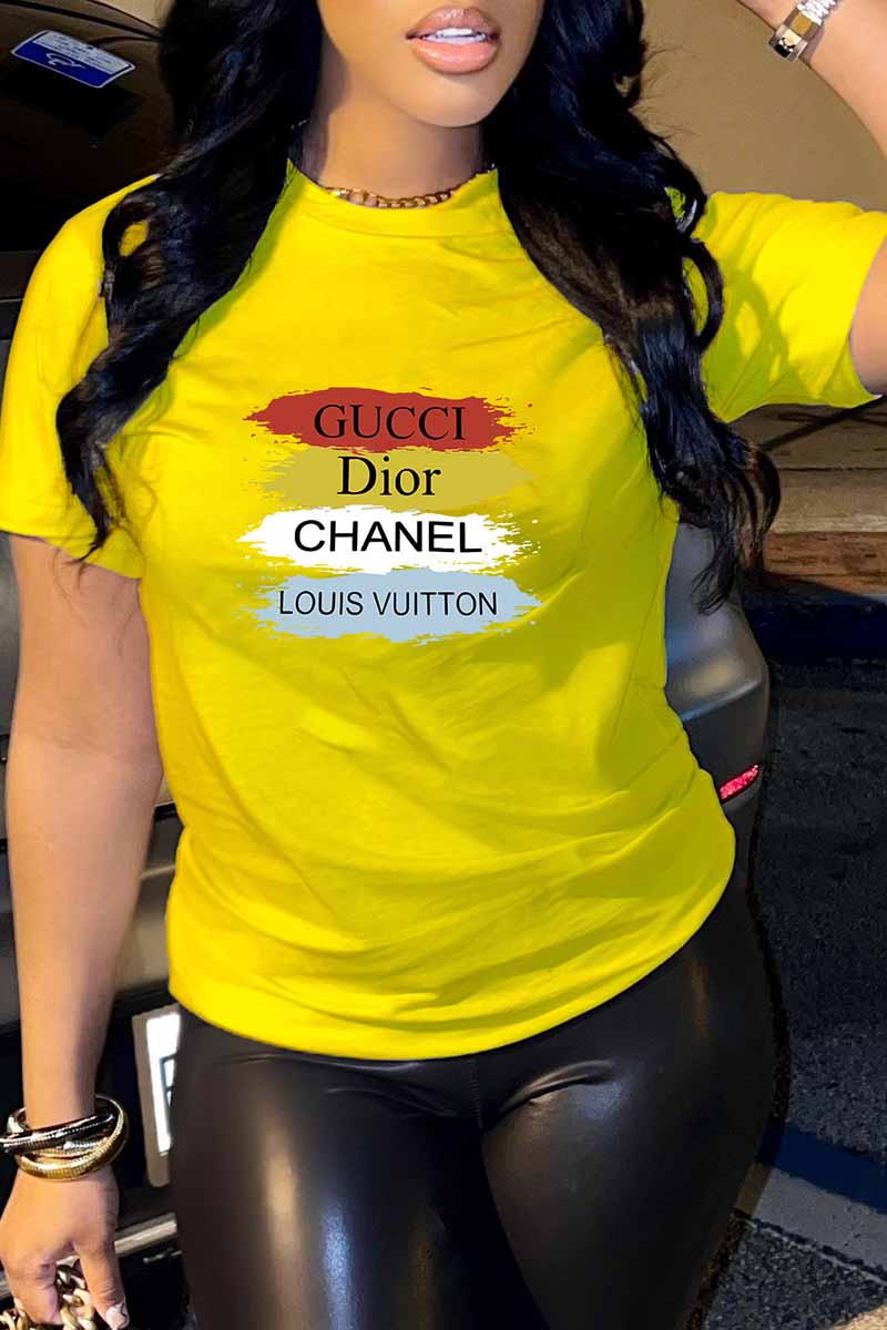 

Yellow Casual Print Letter O Neck T-Shirts