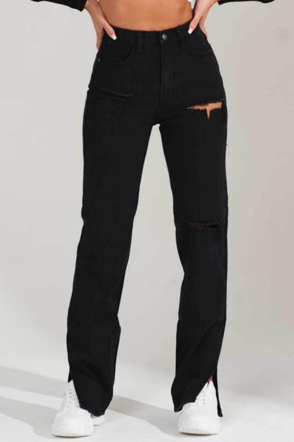 Zwarte casual effen gescheurde patchwork hoge taille regular denim jeans