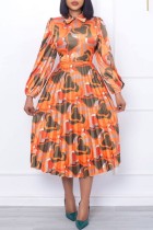 Orange Casual Print Patchwork Turndown-krage Långärmade klänningar (utan bälte)