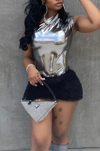 Black Sexy Solid Patchwork Feathers Oblique Collar Sleeveless Two Pieces
