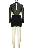 Black Sexy Geometric Hollowed Out See-through Half A Turtleneck Pencil Skirt Dresses