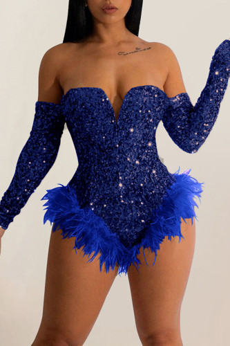 Blue Sexy Solid Sequins Patchwork Feathers Off the Shoulder Skinny Jumpsuits