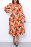 Orange Casual Print Patchwork Turndown Collar Long Sleeve Dresses (Without Belt)