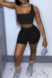 Grey Sexy Casual Solid Backless One Shoulder Sleeveless Two Pieces