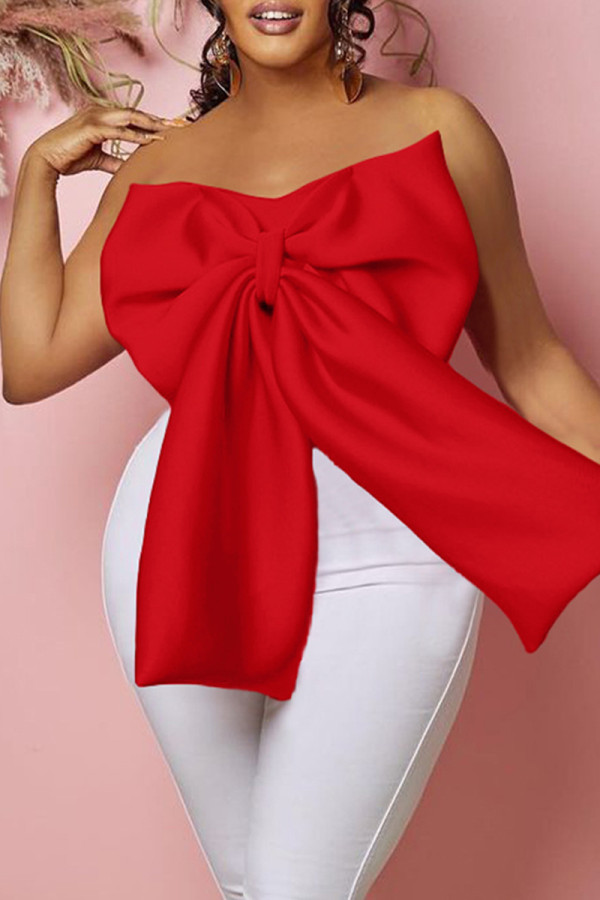 Red Sexy Solid Backless With Bow Strapless Tops