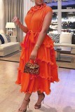 Oranje casual effen patchwork jurk met ronde hals en korte mouwen