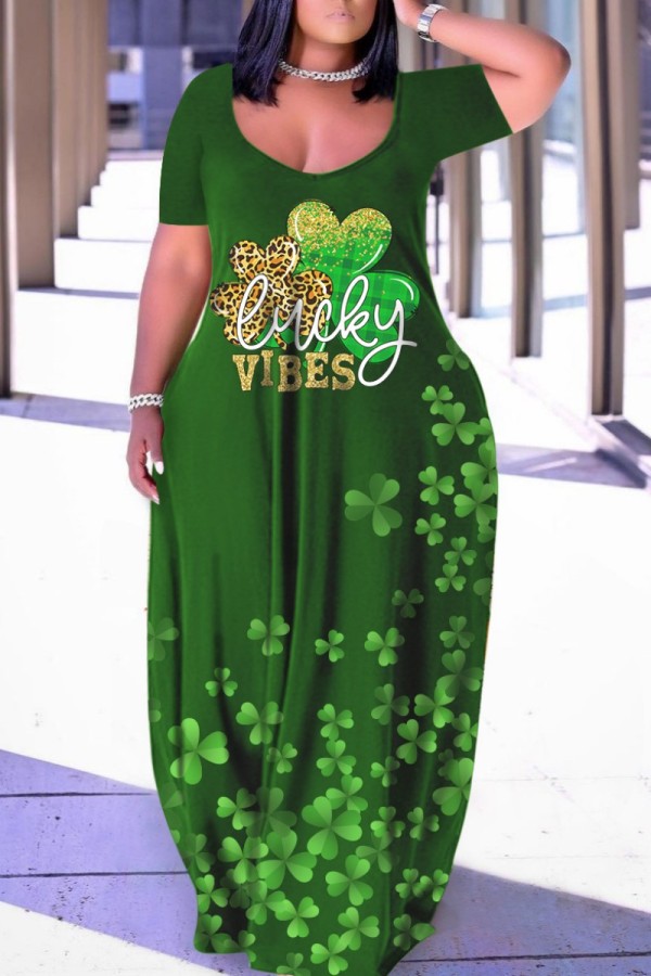 グリーン カジュアル プリント ベーシック Vネック 半袖 ドレス ドレス
