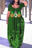 Темно-зеленое повседневное базовое платье с принтом и коротким рукавом с v-образным вырезом Платья