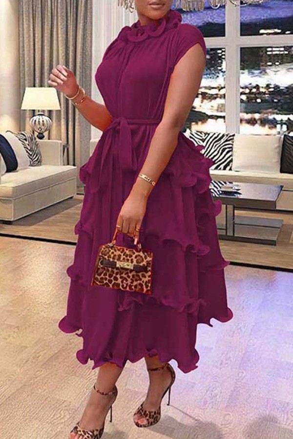Пурпурное повседневное однотонное платье в стиле пэчворк с круглым вырезом и коротким рукавом Платья