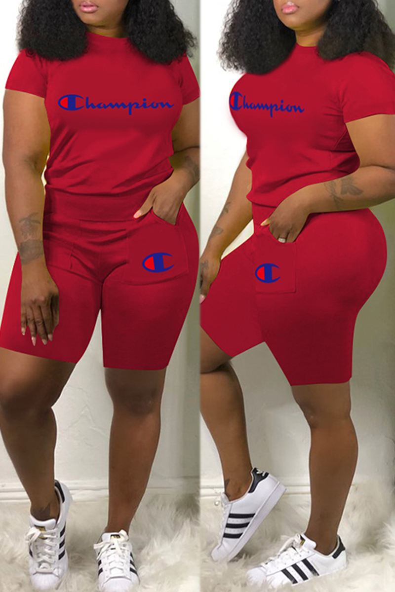 

Red Casual Print Letter O Neck Short Sleeve Two Pieces