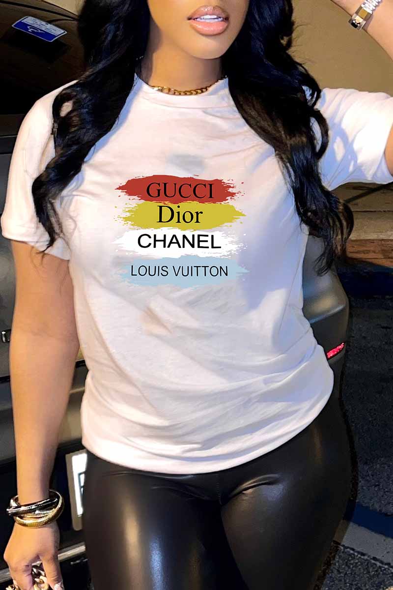 White Casual Print Letter O Neck T-Shirts