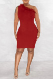 Red Sexy Solid Patchwork Feathers Oblique Collar One Step Skirt Dresses