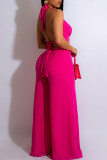 Rose Red Sexy Solid Patchwork Backless Halter Straight Jumpsuits