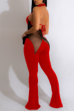 Red Sexy Solid Patchwork See-through Backless Halter Boot Cut Jumpsuits