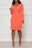 Tangerine Sexy Solid Hollowed Out Patchwork Flounce V Neck Pencil Skirt Dresses