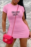 Vestidos de falda de un paso con cuello en O estampado informal rosa